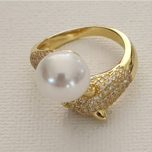 925S Genuine 10 mm Freshwater Pearl Adjustable Gold Ring With Leopard Design - Picture 8 of 16